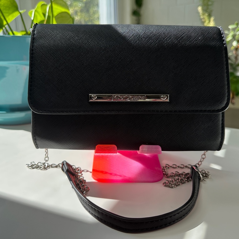 Betsey Johnson Black Crossbody 8x6x2 In. Bag Silver Chain w Pink Floral Interior